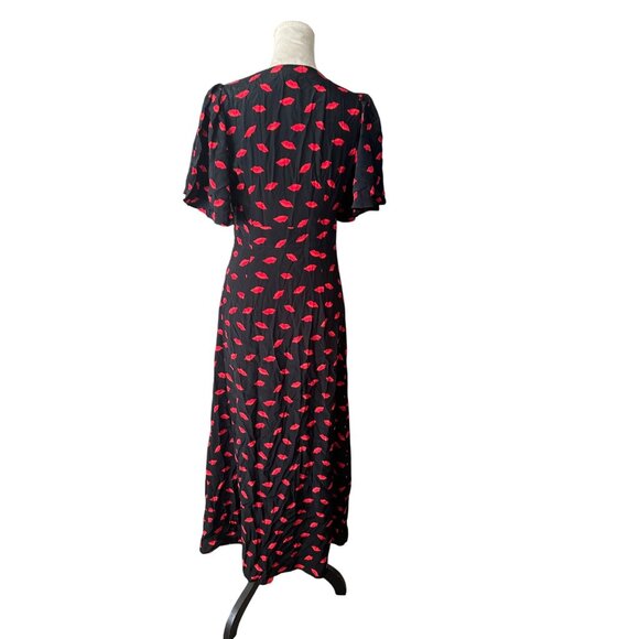 A New Day Black & Red Lip Print Midi Dress Size 2 Whimsical Dreamy Flowy - Picture 2 of 9